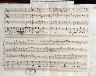 Página de música de Querite primum regnum Dei de Mozart para obter o título de Accademico filarmonico (1770)
