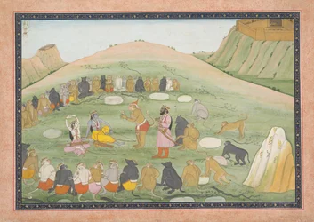 Hanuman revive Rama e Lakshmana com ervas medicinais: fólio ilustrado..., ca. 1790.