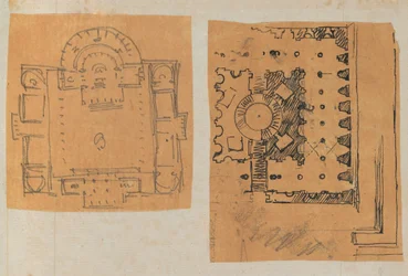 Página de um livro de recortes contendo desenhos e várias gravuras de arquitetura, Int..., ca. 1800-1850. Criadores: Workshop de Charles Percier, Workshop de Pierre François Léonard Fontaine.