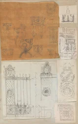 Página de um livro de recortes contendo desenhos e várias gravuras de arquitetura, Int..., ca. 1800-1850. Criadores: Workshop de Charles Percier, Workshop de Pierre François Léonard Fontaine.