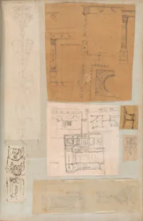 Página de um livro de recortes contendo desenhos e várias gravuras de arquitetura, Int..., ca. 1800-1850. Criadores: Workshop de Charles Percier, Workshop de Pierre François Léonard Fontaine.