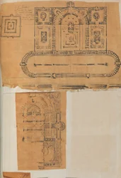 Página de um livro de recortes contendo desenhos e várias gravuras de arquitetura, Int..., ca. 1800-1850. Criadores: Workshop de Charles Percier, Workshop de Pierre François Léonard Fontaine.