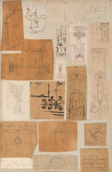 Página de um livro de recortes contendo desenhos e várias gravuras de arquitetura, Int..., ca. 1800-1850. Criadores: Workshop de Charles Percier, Workshop de Pierre François Léonard Fontaine.
