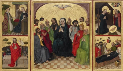 Retábulo do Espírito Santo aberto. Pentecostes, Anunciação, Natividade, Ressurreição de Cristo e Morte da Virgem, c. 1448