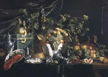 Natureza morta com fruta, uma torta de faisão e uma lagosta