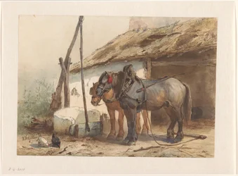 Dois cavalos de pé em frente de um estábulo