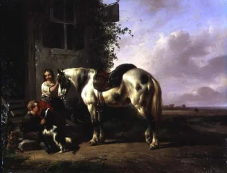 Exterior de uma pousada com menina, menino, cachorro, cavalo