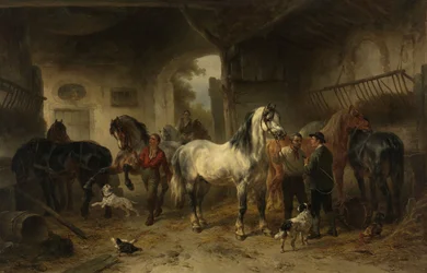 Interior de um estábulo com cavalos e figuras