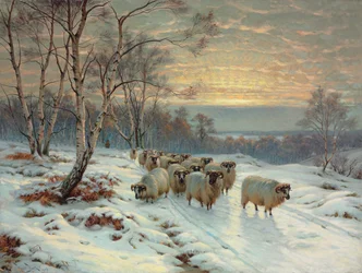 Um pastor com seu rebanho em uma paisagem de inverno (óleo sobre tela)