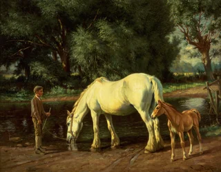 Uma égua e o seu potro num vau (óleo sobre tela)