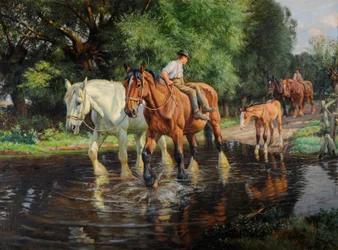 Cavalos de quinta e potro num vau, c.1915 (óleo sobre tela)