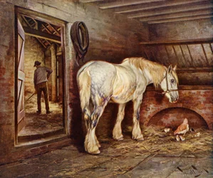 O fim do dia - o cavalo da fazenda volta para casa (cor litho)