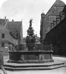 Tugendbrunnen, Nuremberg, Baviera, Alemanha, c1900