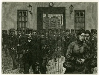 Uma saída de fábrica em Ghent. Gravura de X. Mellery, depois da natureza, para ilustrar a história "Bélgica", em 1888, de Camille Lemonnier (1844-1913), crítico de arte e escritor. Publicado no Tour du monde, 2º semestre de 1883, editado por Edouard Charto