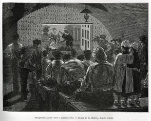 Adega a Polichinelles, uma adega concebida para espectáculos de marionetas. Gravura de X.Mellery, para ilustrar a história da Bélgica, de Camille Lemonnier, publicada no Tour du monde, editado por Edouard Charton (1807-1890)