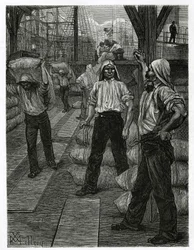 A descarga de um navio, os estivadores com a cabeça coberta com uma tampa de alcatrão, empilham a mercadoria nas docas do porto de Antuérpia. Gravura de X.Mellery, para ilustrar a história da Bélgica, de Camille Lemonnier, publicada no Tour du monde, edita