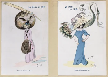 &39;O chapéu de pele de coruja de águia&39; e &39;The Crane Hat&39;, placas de moda dos desenhos animados, 1910