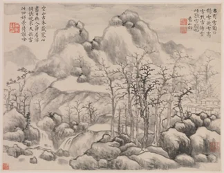 Paisagem de neve, de Álbum para Zhou Lianggong, datável de 1645-55 (folha dupla de um álbum coletivo de doze pinturas e páginas opostas de caligrafia; tinta sobre papel)