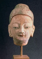 Cabeça, de, um, estátua, de, buddha, de, Bezeklik, 9º-10º século, (painted, clay)