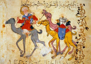 Caravana de camelos no deserto (Caravana) Miniatura da "Maqamat" (Seances) de Abu Mohammed al-Kasim ibn Ali Hariri (ou Al-Hariri ou Al Hariri) (1054-1122) alistada por Yahya Mahmud al-Wasiti (al Wasiti) em 1237, Paris, B.N.