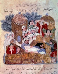 Cena funerária miniatura do "Maqamat" (Seances) de Abu Mohammed al-Kasim ibn Ali Hariri (ou Al-Hariri ou Al Hariri) (1054-1122) alistada por Yahya Mahmud al-Wasiti (al Wasiti) em 1237 Paris, B.N.