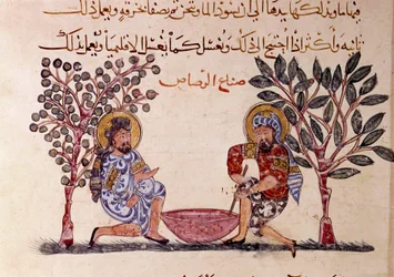 The Making of Lead Page of "Maqamat" (Seances), poema picaresco do século XI do poeta árabe Abu Mohammed al-Kasim ibn Ali Hariri (ou Al-Hariri ou Al Hariri) (1054-1122) ilustrado por Al-Wasiti (al-Wasiti)