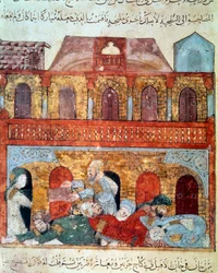 O navegador errante Abu-Zayd (Abu Zayd, Abu Zayd) e os mercadores adormecidos Miniatura retirada do "Maqamat" (Seances) por Abu Mohammed al-Kasim ibn Ali Hariri (ou Al-Hariri ou Al Hariri) (1054-1122) alistado por Yahya Mahmud al-Wasiti (al-Wasiti) em
