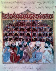 O navegador errante Abu-Zayd (Abu Zayd, Abu Zayd), proferindo um discurso na biblioteca em miniatura de Basra do "Maqamat" (Seances) de Abu Mohammed al-Kasim ibn Ali Hariri (ou Al-Hariri ou Al Hariri) (1054-1122), alistado por Yahya Mahmud al-Wasiti (al Wa