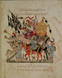 Ar 5847 f.94v, Caravana indo para Meca de &39;The Maqamat&39; (Os Encontros) por Al-Hariri, c.1240 (guache sobre papel)