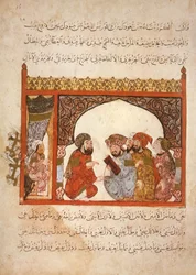 Sra. Ar 5847 f.16, Chancelaria Maragha: o governador propôs Abu Zayd para entrar em seu serviço, de Al Maqamat por Al Hariri, c.1240 (guache sobre velino)