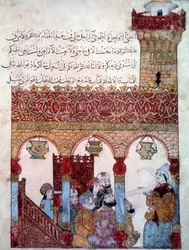O navegador errante Abu-Zayd (Abu Zayd, Abu Zayd) na Mesquita de Basra (Basra) Miniatura do "Maqamat" (Seances) de Abu Mohammed al-Kasim ibn Ali Hariri (ou Al-Hariri ou Al Hariri) (1054-1122) alistado por Yahya Mahmud al-Wasd al-Wasod ITi (al W