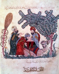 o burguês al-Harith (Al Harith), filho de Hammam, descobre uma mensagem do navegador errante Abu-Zayd (Abu Zayd) Miniatura tirada do "Maqamat" (Seances) de Abu Mohammed al-Kasim ibn Ali Hariri (ou Al-Hariri ou Al Hariri) (1054-1122) alistado