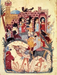 o burguês al-Harith (Al Harith), filho de Hammam, e o navegador errante Abu-Zayd (Abu Zayd, Abu Zayd) chegam a uma cidade, a mesquita e o minarete, atividades comerciais, bazares e trabalho feminino são descritos Miniatura do "Maqamat" (Seances)