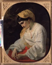 Uma jovem noiva (A Bride). Retrato de perfil de uma jovem triste com uma expressão resignada. Pintura de Yakov Fyodorovich Kapkov (1816-1854), óleo sobre tela