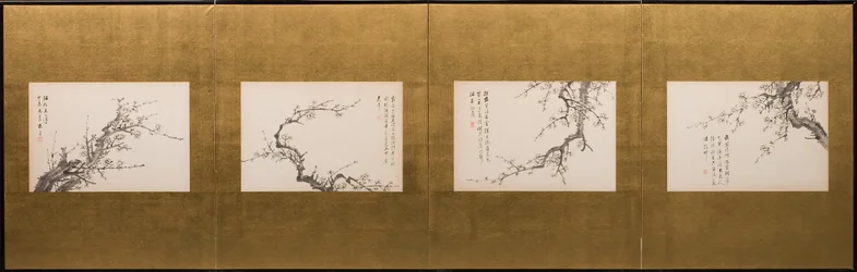 Prunus Blossoms, biombo dobrável, período Edo 1844 (tinta sobre papel) (ver também 752778-82)