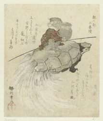 Macaco com tartaruga de pêlo comprido
Uma série de três gravuras sobre o Dragon Capitol (título da série)
Tatsu no miyako sanbantsuzuki (título da série sobre o objecto)