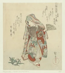 mulher com violetas Flores Famosas das Três Cidades (título da série) Santo meishobana (título da série no objeto)