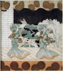 Bailarinos em traje tradicional em uma cena gravura japonesa "Surimono" de Yashima Gakutei (1786-1868) 1822 Coleção particular