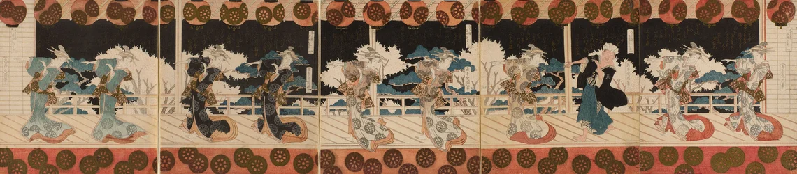 Cortesã dançante e um homem (possivelmente o poeta Hisakataya), Dois, da série de pentápticos "Furuichi Dance Performance (Furuichi odori)" para o Clube de Poesia Hisakataya