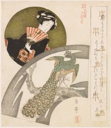 Gueixa e pavão sobre flores de ameixeira; Uma série de dez estampas para os Honchôren (título da série); Honchôren jûbantsuzuki (título da série no objecto)