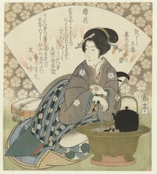 Flor de cerejeira
Sakura no hana (título sobre o objecto)
Uma série de cinco gravuras para a sociedade de poesia Katsushika: Cores do amanhecer da Primavera (título da série)
Katsushika goban - Haru no akebonosome (título da série sobre o objecto)