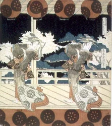 Duas Dançarinas Actuam no Palco, de The Dance at Furuichi para a série Hisakataya Group, c.1822 (tinta)