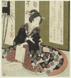 Mulher com livro
Uma série de sete gravuras para a sociedade de poesia Katsushika (título da série)
Katsushika shichibantsuzuki (título da série sobre o objecto)