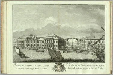 O segundo Palácio de Inverno com Canal e Ponte Livro para o 50º aniversário da fundação de São Petersburgo, 1753