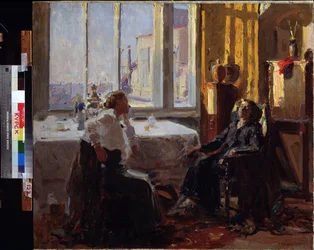 Num atelier de artistas. Pintura de Yefim Mikhailovich Cheptov (1875-1950). Óleo sobre tela
