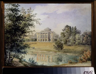 Vista do Palácio de Pavlovsk (São Petersburgo). (Vista do Palácio de Pavlovsk). Construído entre 1782 e 1786 pelo arquitecto Charles Cameron. Trabalho de Yegor Yegorovich Meier (1822-1867), aguarela sobre papel