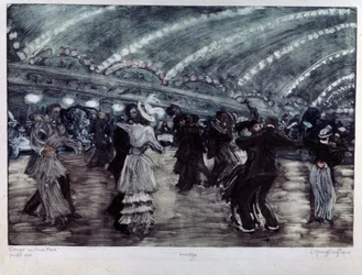 O Tango a Luna Park (Dança do Tango no Luna Park). Casais de dançarinos em um amplo piso, iluminado do teto por guirlandas de luz. Obra de Yelisaveta (Elisabeth) Sergeyevna Kruglikova (Elizaveta Sergeevna Krouglikova) (1865-1941), gravura (