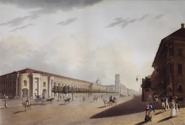 O Grande Gostiny Dvor Merchant Yard em São Petersburgo, década de 1820
