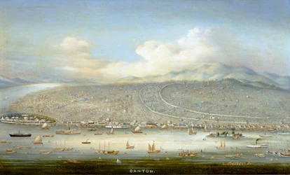 Vista de Cantão com a ilha de Shamian em 1865, c.1880 (óleo sobre painel)