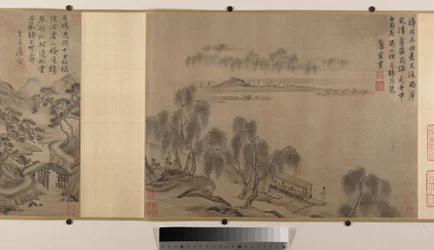Paisagens (oito folhas de álbum montadas como um rolo de mão; tinta e cor sobre seda)